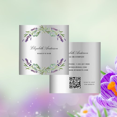 Lavender silver eucalyptus greenery QR code Square Business Card