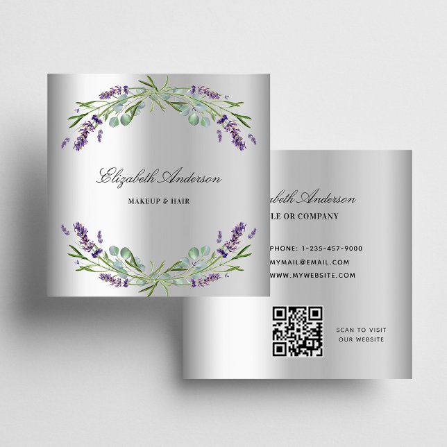 Lavender silver eucalyptus greenery QR code Square Business Card (Creator Uploaded)