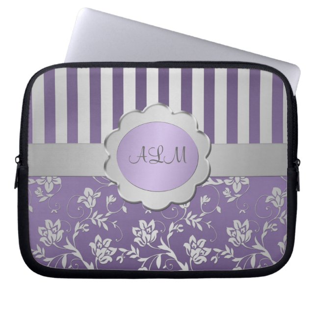 Lavender, Silver Floral Striped Laptop Sleeve (Front)