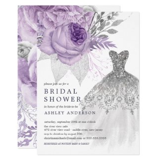 lavender Silver Floral Wedding Dress Bridal Shower Invitation