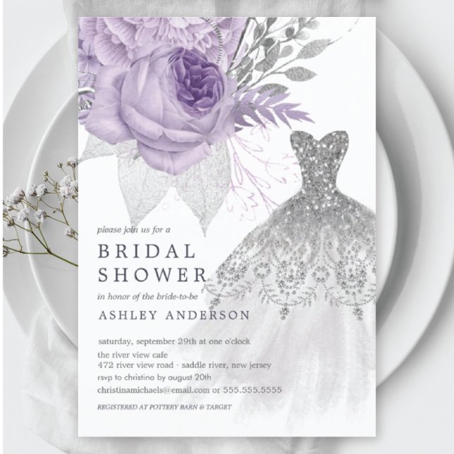 lavender Silver Floral Wedding Dress Bridal Shower Invitation