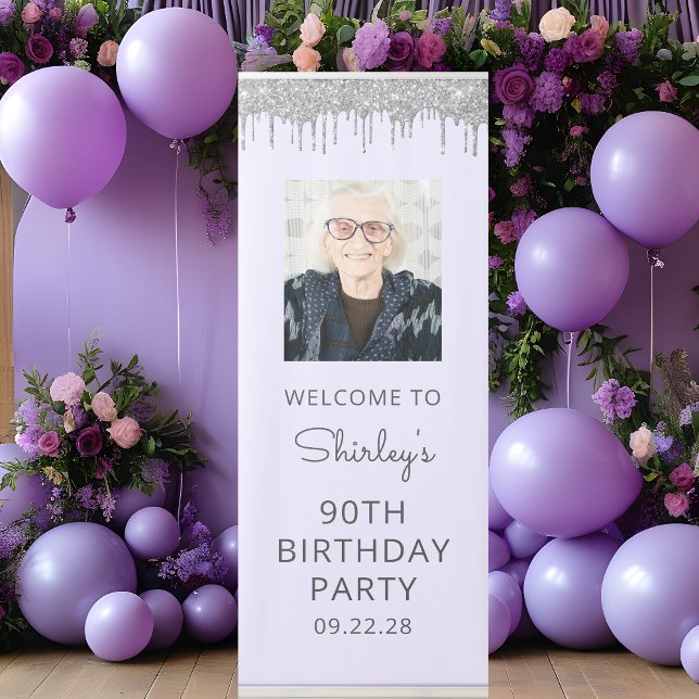Lavender Silver Glitter Drip Photo 90th Birthday Retractable Banner (Creator Uploaded)