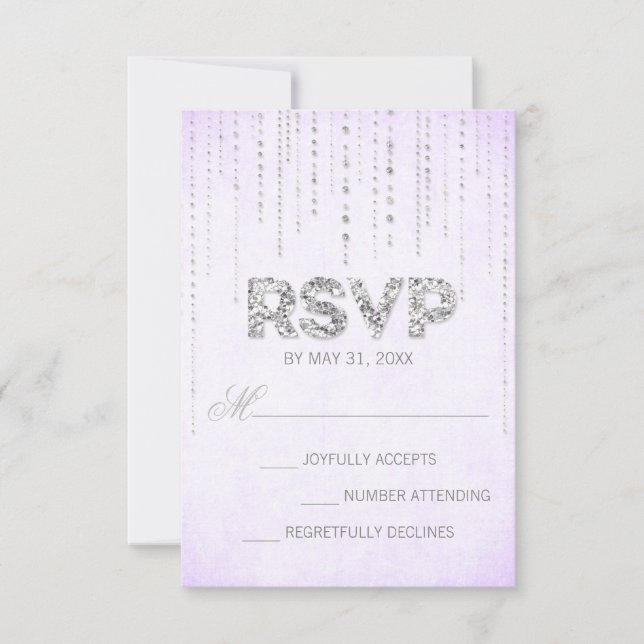 Lavender & Silver Glitter Look Wedding RSVP Card (Front)