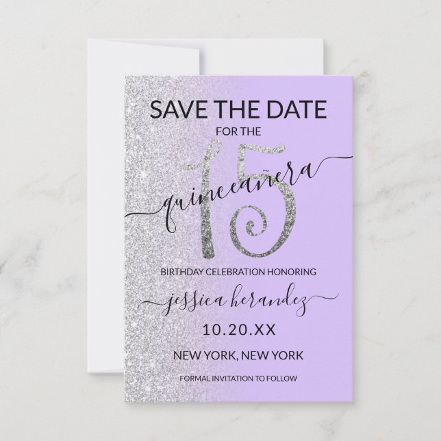 Lavender Silver Glitter Quinceañera Save the Date (Front)