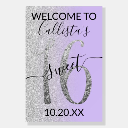 Lavender Silver Glitter Sweet 16 Welcome Sign