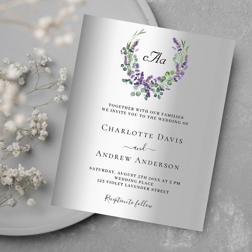 Lavender silver monogram wedding budget invitation