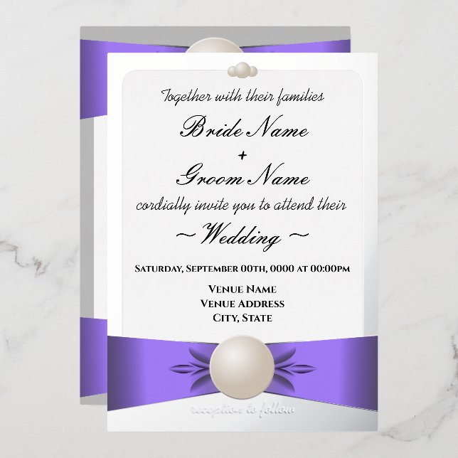 Lavender & Silver Pearl Ribbon Wedding & Reception Foil Invitation (Front/Back)