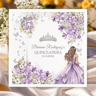Lavender Silver Tiara Floral Butterfly Quinceañera Napkins