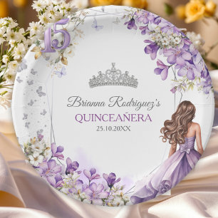Lavender Silver Tiara Floral Butterfly Quinceañera Paper Plates
