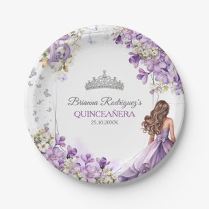 Lavender Silver Tiara Floral Butterfly Quinceañera Paper Plates