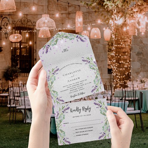 Lavender silver violet floral eucalyptus wedding all in one invitation