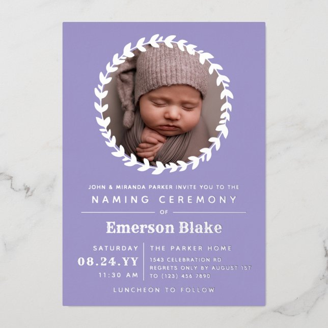 Lavender Silver Wreath Baby Photo Naming Ceremony Foil Invitation (Front)