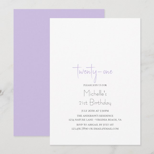 Lavender Simple Modern Minimalist 21st Birthday Invitation (Front/Back)