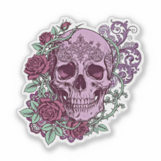 Lavender Skull With Roses Goth Design Sticker