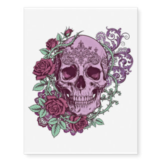 Lavender Skull With Roses Goth Design Temporary Tattoos