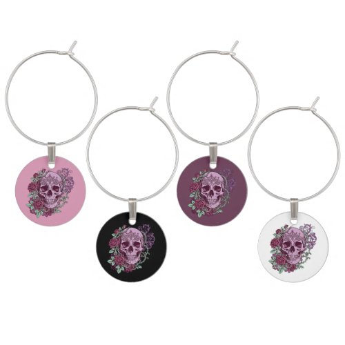 Lavender Skull With Roses Goth Design Wine Charm