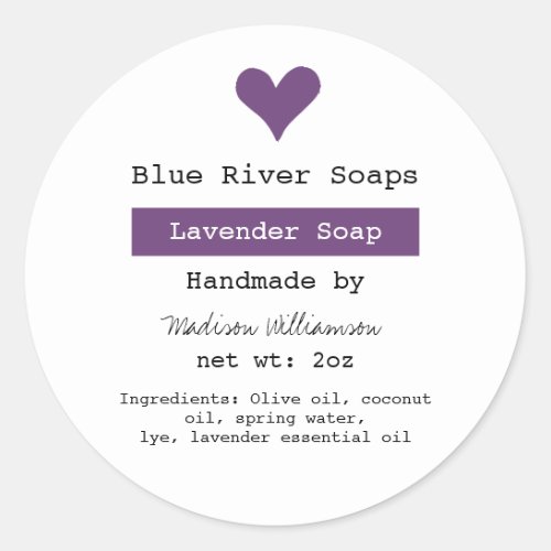 Lavender Soap Handmade with Ingredients list Classic Round Sticker