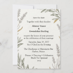 Lavender Sprigs, Olive Branches, Botanical Line Ar Invitation
