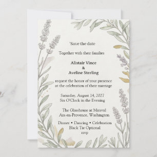Lavender Sprigs, Olive Branches, Botanical Line Ar Invitation