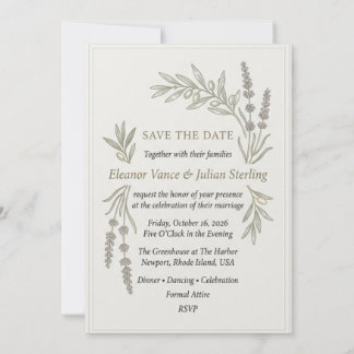 Lavender Sprigs, Olive Branches, Paneled Border Fr Invitation