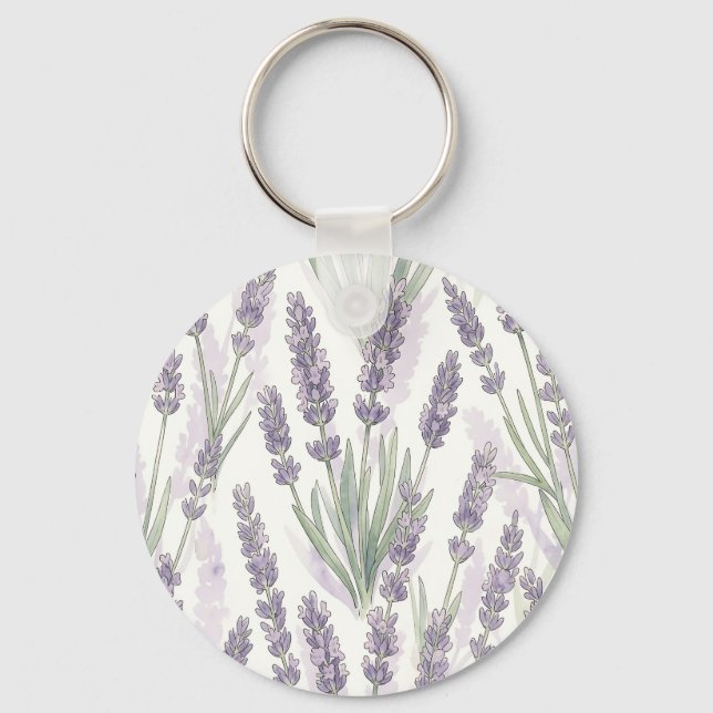 Lavender Sprigs Watercolor Botanical Pattern Keychain (Front)