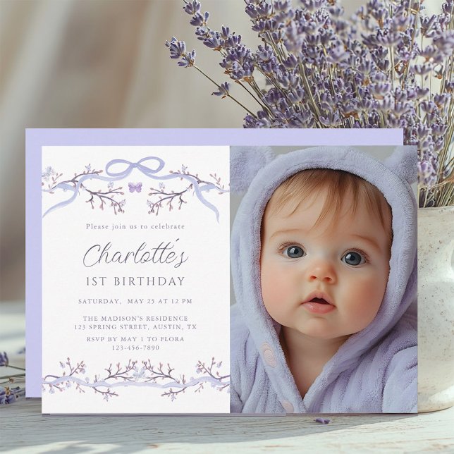 Lavender Spring Garden 1st Birthday Photo Invitation (Creator Uploaded)
