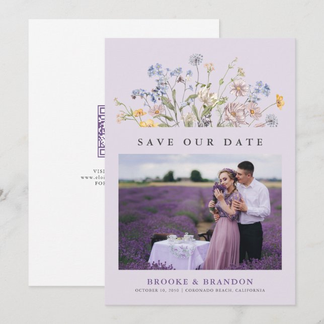 Lavender Spring Wildflower Meadow Garden QR Code  Save The Date (Front/Back)