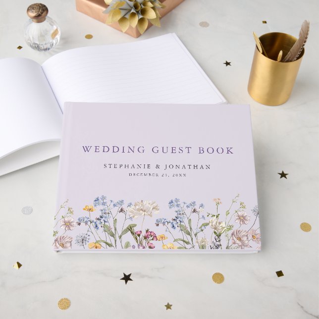 Lavender Spring Wildflower Meadow Garden Wedding  Guest Book (Front Open)