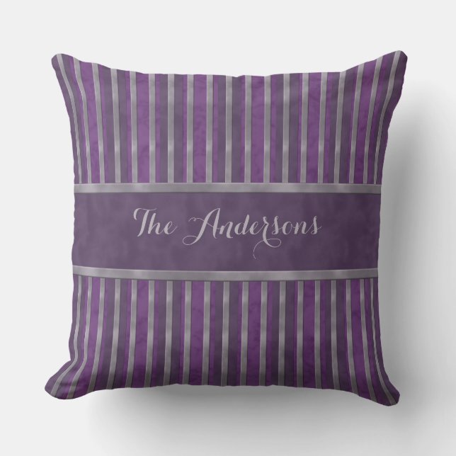 Lavender Steel Dark Plum Striped Throw Pillow (Front)