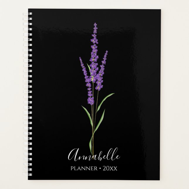 Lavender Stem on Black | Personalized Planner (Front)