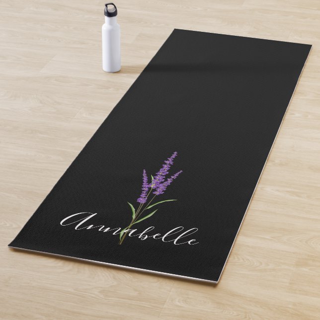 Lavender Stem on Black Personalized Yoga Mat (In Situ)