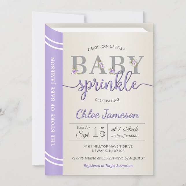 Lavender Storybook Book Library Baby Girl Sprinkle Invitation (Front)