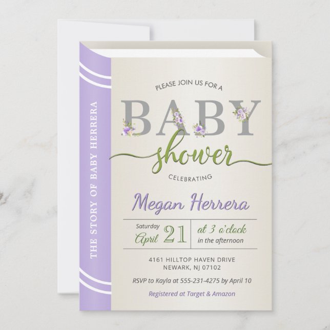 Lavender Storybook Book Library Girl Baby Shower Invitation (Front)