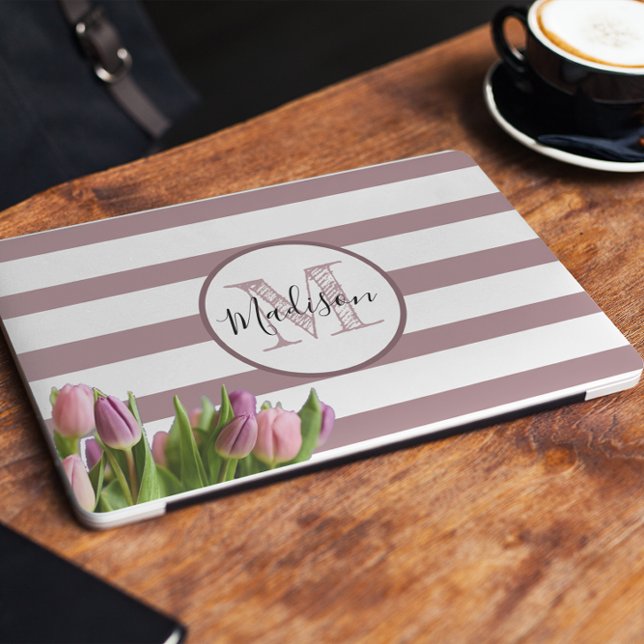Lavender Stripe and Tulips Monogrammed HP Laptop Skin (Creator Uploaded)