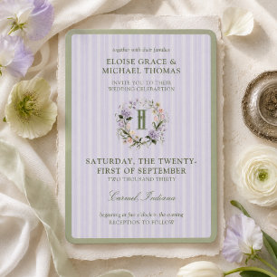 Lavender Stripe Floral Crest Spring Wedding Invitation