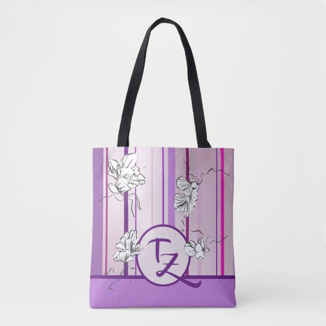 Lavender Stripes And Flowers Design Tote Bag (Front)