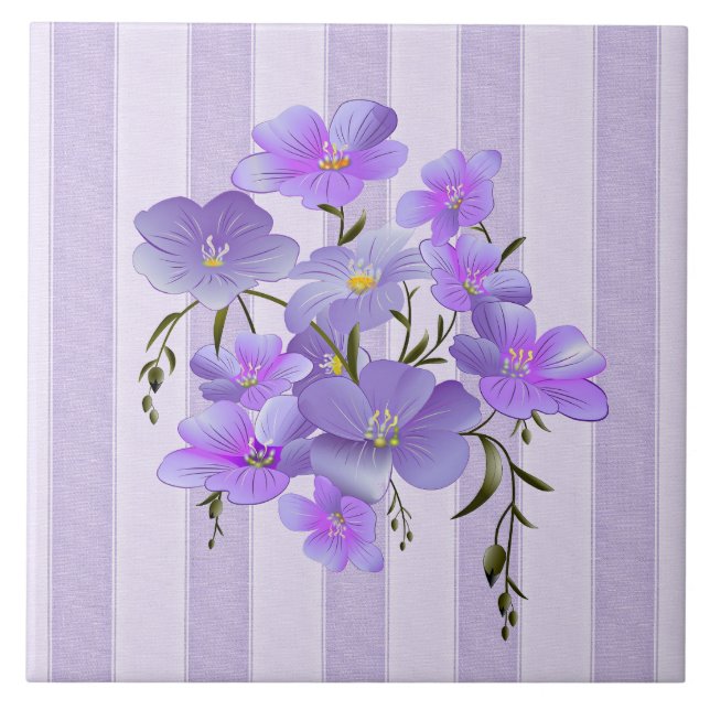 Lavender Stripes and Lavender-Colored Bouquet Ceramic Tile (Front)