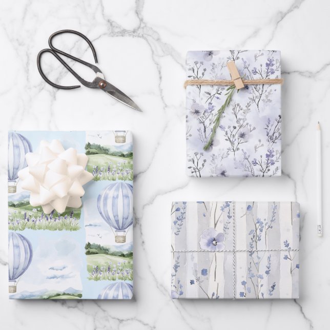 Lavender Stripes Balloon Floral Bridal Shower Wrapping Paper Sheets (Front)