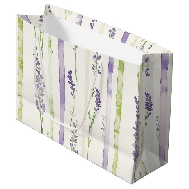 Lavender Stripes Floral Birthday Large Gift Bag (Front Angled)