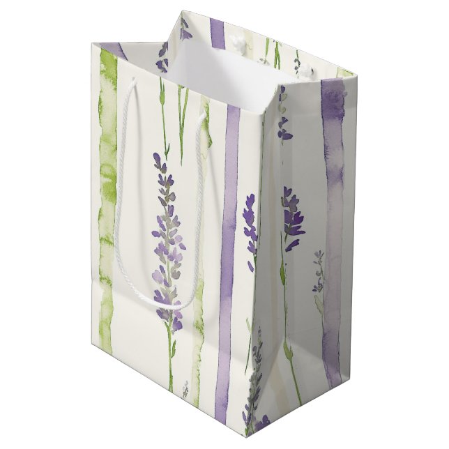 Lavender Stripes Floral Birthday Medium Gift Bag (Front Angled)