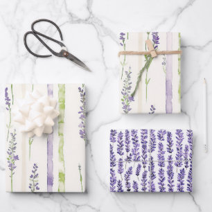 Lavender Stripes Floral Birthday Wrapping Paper Sheets