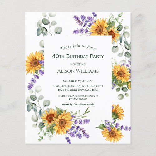 Lavender Sunflower 40th Birthday Party Invitation Flyer