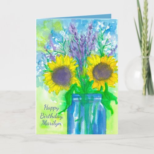 Lavender Sunflower Bouquet Happy Birthday Card