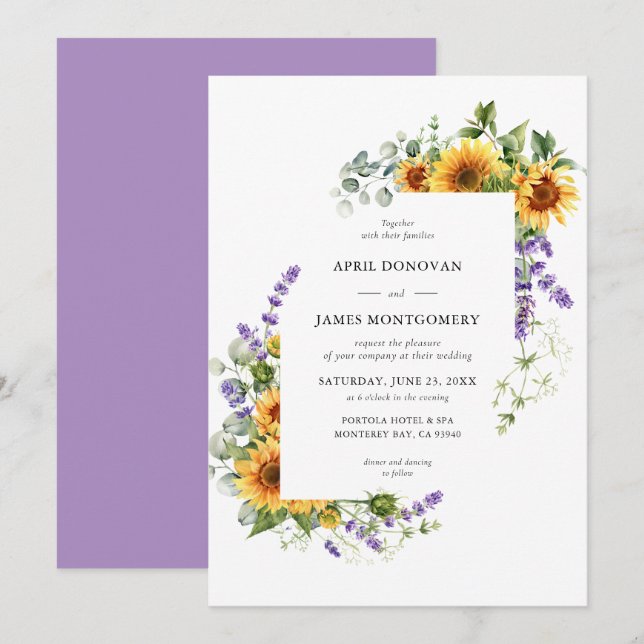 Lavender Sunflower Floral Frame Wedding Invitation (Front/Back)