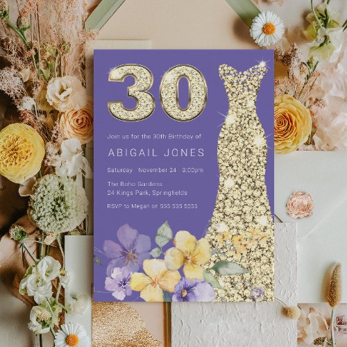 Lavender  Sunshine Gold Gown 30th Birthday Party Invitation