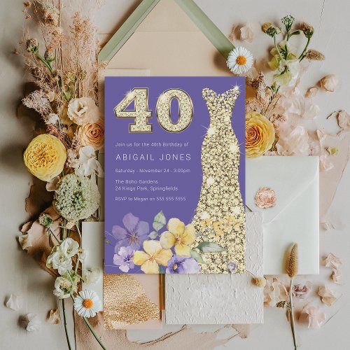 Lavender  Sunshine Gold Gown 40th Birthday Party Invitation
