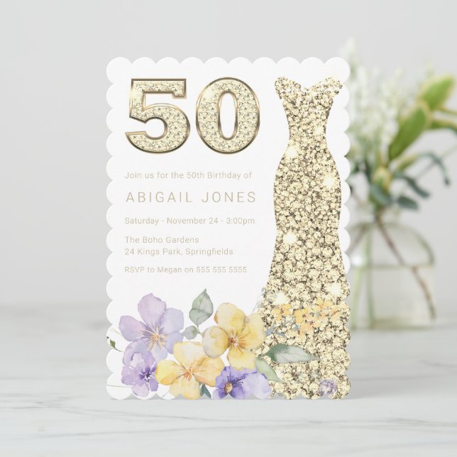 Lavender & Sunshine Gold Gown 50th Birthday Party Invitation (Standing Front)