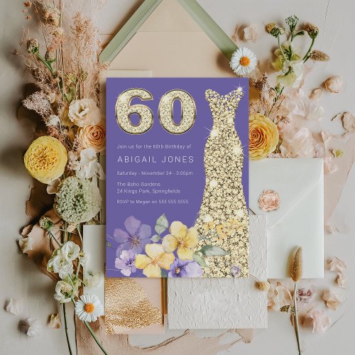 Lavender  Sunshine Gold Gown 60th Birthday Party Invitation