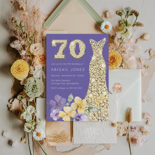 Lavender  Sunshine Gold Gown 70th Birthday Party Invitation