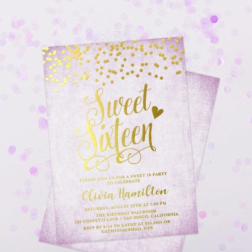 Lavender Sweet 16 Gold Confetti Foil Invitation